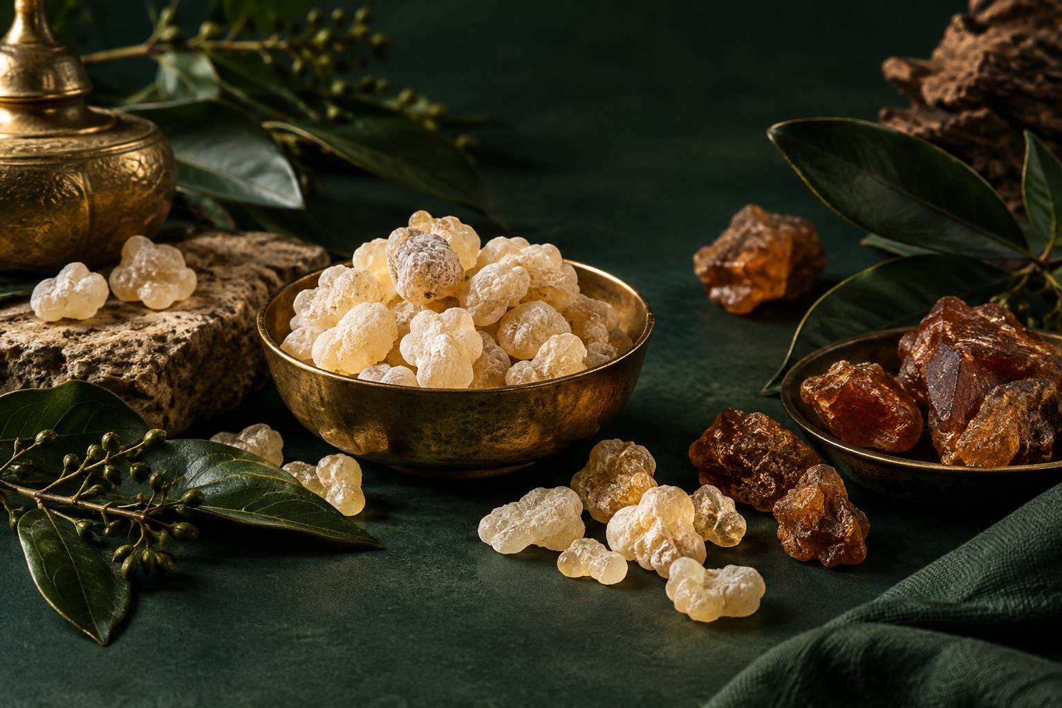 Natural frankincense and myrrh resins on a deep green background
